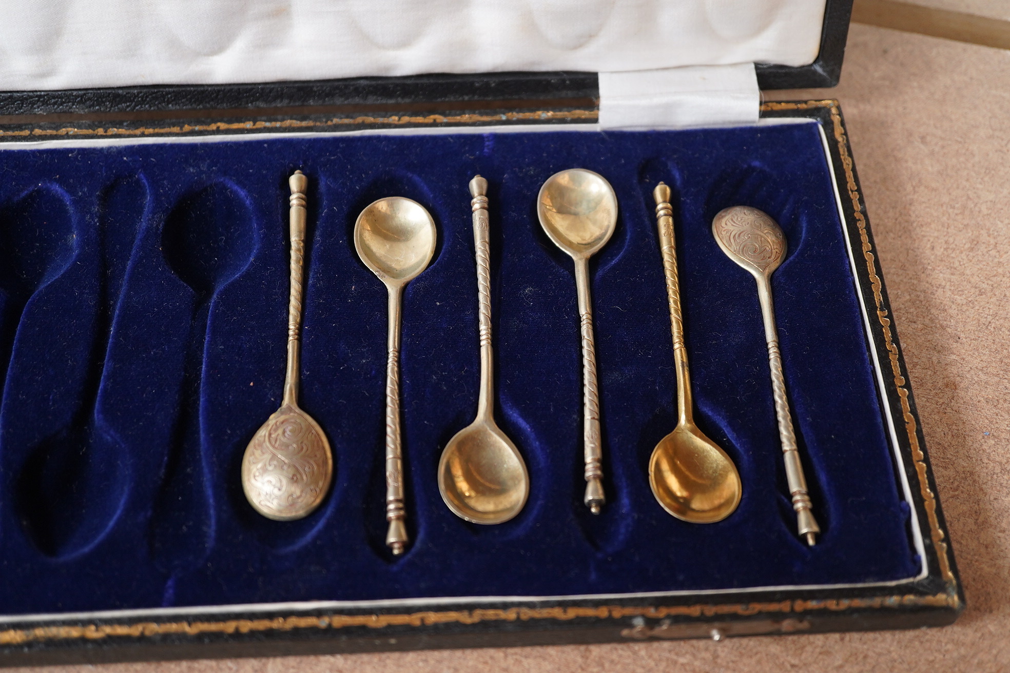 Alex Katsch, part set of 6 gilt metal coffee spoons with engraved decoration, 9.5cm in length. Condition - fair to good